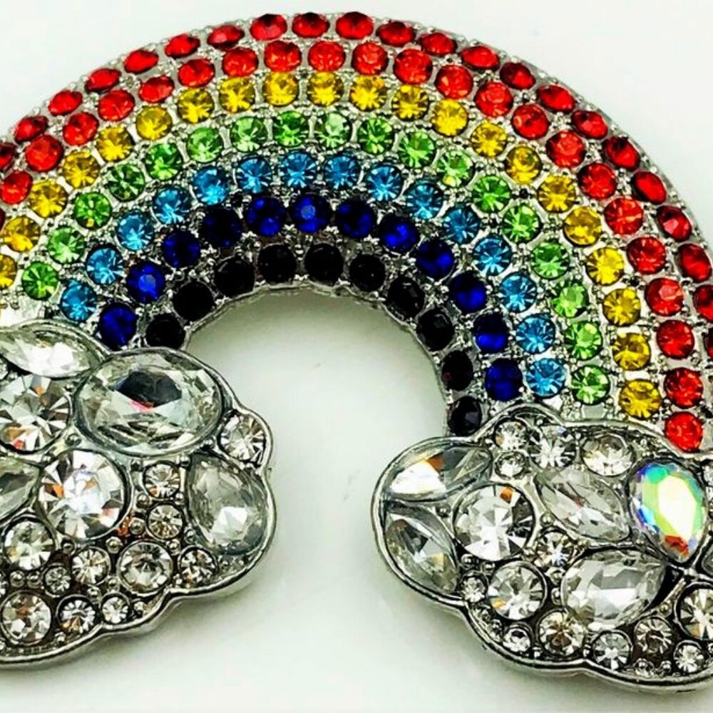Rainbow Brooch W Clouds Multicolored Rhinestones … - image 1